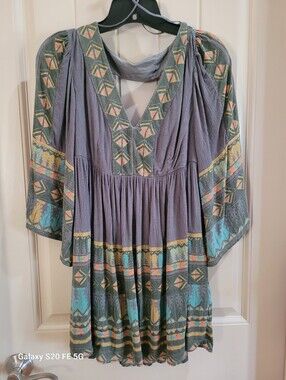 Free People Boho V-Neck Embroidered Grey & Teal Women's Blouse